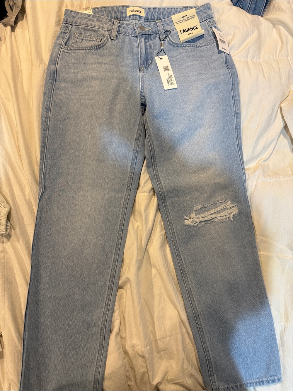 L'AGENCE Light Wash Distressed Straight-Leg Jeans